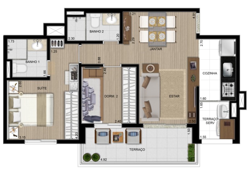 Planta - 2 Dorms (1 suíte) 59 m²