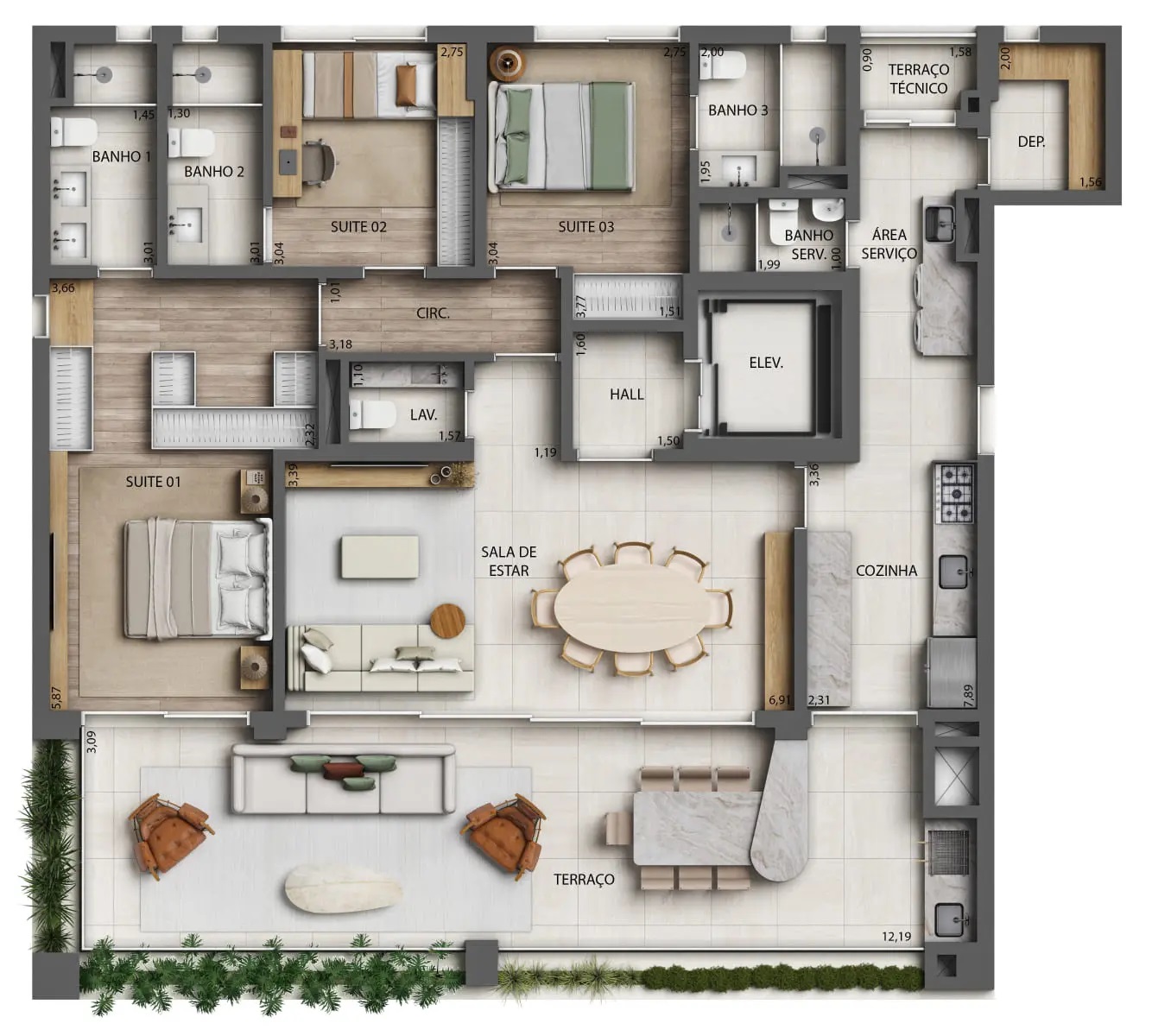 Torre 1 - Planta 172m² - 3 suítes