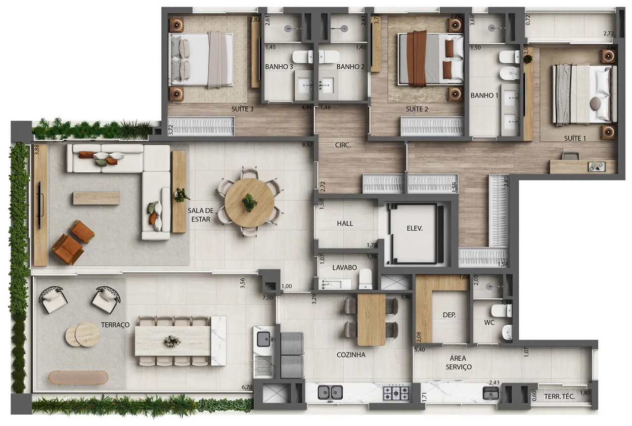 Torre 3 - Planta 191m² - 3 suítes - Padrão