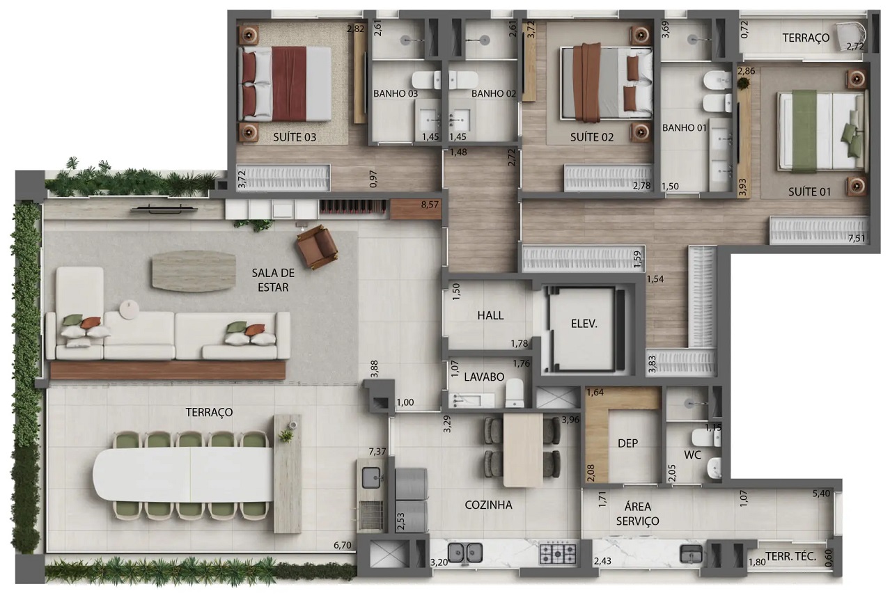 Torre 3 - Planta 191m² - 3 suítes - Opção