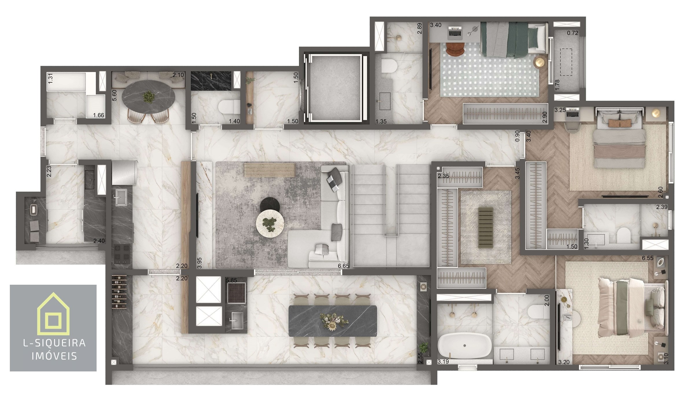 Planta Duplex 265m² - 4 suítes - Piso Inferior 